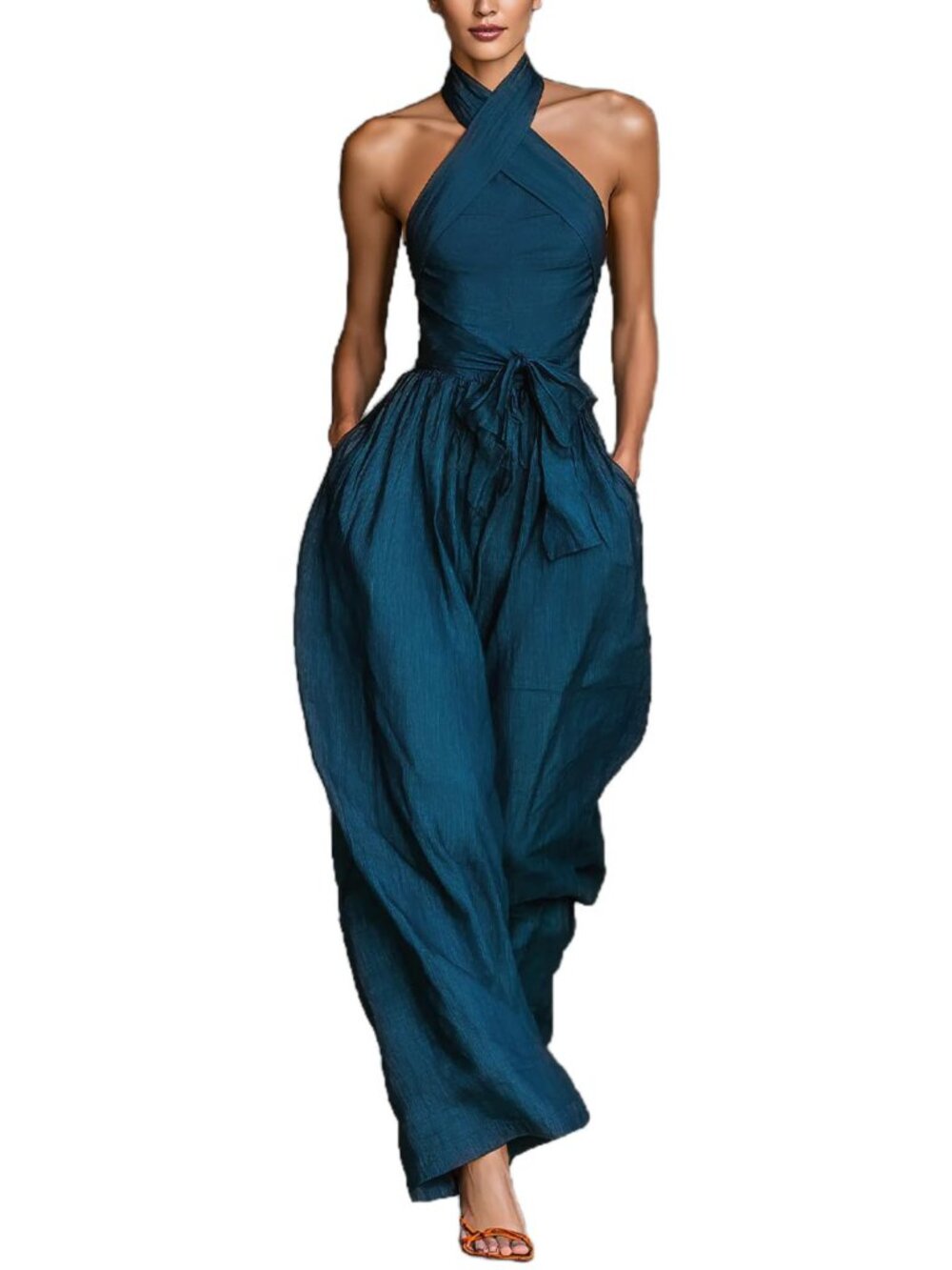 Womens Halter Jumpsuit Backless Wide Leg Pants with Tie Waist Blue